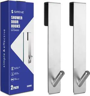 Extended (7-Inch) Over Door Hooks for Bathroom Frameless Glass Shower Door Towel Hooks 2-Pack Silver