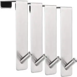 Over The Door Hooks (4 Pack) - Wide 1-3/4 Fit Thick Door Extended to 7 - Heavy Duty Stainless Steel Brushed Nickel Door Hanger Holds Up to 50Lbs - Single Door Hooks for Office Bedroom - Silver