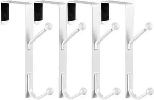 4 Pack Over The Door Double Hooks Bedroom Back of Door Hangers Metal Twin Hooks Organizer for Hanging Clothes Towels Coats Hats Bags Bathrobes(White)