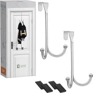 2-Pack Over The Door Hooks - with 2 Hang Heads & Snug Fit Pads Heavy Duty Hook for Hanging Coats Towels Caps & Robes - Elegant Matt Finish - No Drill Hanger Organizer - Silver
