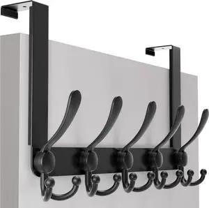 Over The Door Hook - for Doors up to 1-3/4 Thickness Metal Door Hanger with 5 Triple Hooks Black Over The Door Hanger for Coats Hats Towels Assembly Required