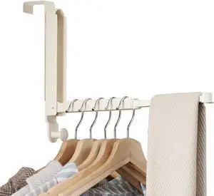 Over The Door Hooks Hanger Fit Door up to 1 3/4 Optimal 1pc Over The Door Hanger with Retractable Rod Foldable Over The Door Drying Rack for Laundry Bathroom Bedroom (Milky White 1 Pack)