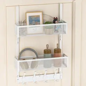 Over The Door Hooks Organizer Door Hanger Towel Rack with 2 Baskets Adjustable Over The Door Coat Rack Back of Door Storage for Bedroom Kitchen Bathroom (White)
