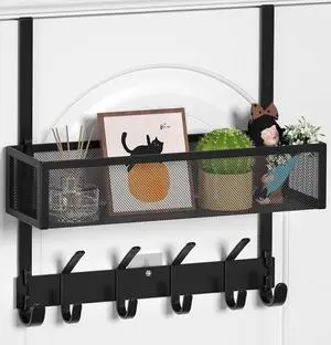 Over The Door Hooks Organizer Over The Door Towel Rack with Mesh Basket 10 Coat Hooks and 2 Wreath Hangers Bathroom Door Organizer Back of Door Hanger for Bedroom Kitchen(Black)