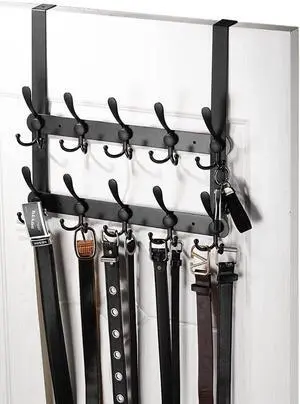 Over The Door Tri Hook Door Hanger Belt Organizer Rack 30 Coat Hooks 2-Tier Holds Over 60 Belts Heavy Duty Metal Towel Hanger with Triple-Hook Design Over Door Coat Towel Rack Back of Bathroom.