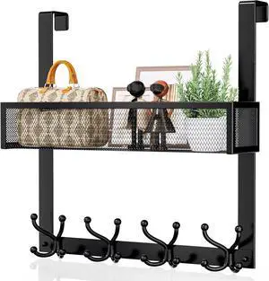 Over The Door Hooks Organizer - Over Door Hanger with 16 Hooks & 2 Baskets for Hanging Coat Clothing Towel Back Storage for Bathroom Closet College Dorm Black