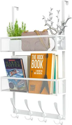 Over The Door Hooks Organizer Coat Rack with 12 Hooks and 2 Mesh Baskets Back of Door Storage Organizer for Bathroom Bedroom Kitchen Office(White)