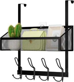 Over The Door Hooks Organizer with 12 Coat Hooks & Mesh Baskets - Towel Rack Storage for Bathroom Kitchen Bedroom (Black)