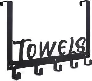 Over The Door Hook Towel Holder Towel Hook for Bathroom Towel Hanger Door Rack with 5 Coat Hooks Over The Door Hanger Towel Rack for Bathroom Bedroom Towels Coats Black