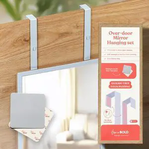 [Heavy Duty] 14.5 Over-The-Door Mirror Hanger Set (Extra Wide) with Any-Banging Adhesive + Suction Cup Pads and Inner Protective Padding (Already Applied) | Door Brackets Hanger Hooks Set