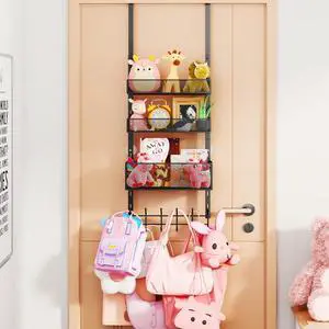 Over The Door Hooks Organizer - 4 Tier Adjustable Door Hanger with 3 Metal Basket Hanging Coat Rack with 12 Hooks Back Organizer for Bathroom Living Room Bedroom Black