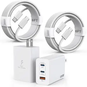 100W USB C Charger 2Pack 140W USB C to C Woven Cable 6FT Braided Cord 100W Type C MacBook Pro Charger Block 6Foot Super Fast Phone Charging 3 Port PD & AC Charge for MacBook Pro/iPhone 16/15/iPad Pro