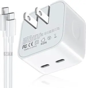 35W Dual USB-C Port Compact Power Adapter with 5FT C to C Charging Cord for iPhone 16 15 14 13 12 11 Pro Max Plus  S25 Airpods Mini iPad MacBook Air Foldable Type C Fast Wall Charger