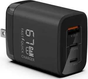 Fast 67W Dual USB-C Plus USB-A Charger - GaN Power Delivery - Fast Compact Power Adapter for Laptops Smart Phones Tablets and Thousands of Other Devices (Black 67W)