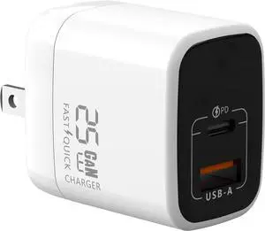 Fast 25W Dual USB-C Plus USB-A Charger - GaN Power Delivery - Fast Compact Power Adapter for Laptops Smart Phones Tablets and Thousands of Other Devices (White 25W)