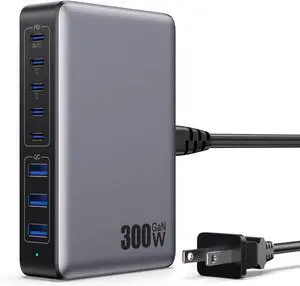 USB C Charger 300W USB C Charger Block 8-Ports GaN IV Fast Charging Station Hub Dual PD 100W Laptop Charger Adapter for MacBook Pro/Air/iPad/iPhone16/15/14/ Watch// for Home Office
