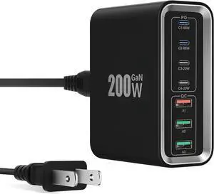 USB C Charger Block 200W 7-Ports GaN Fast Charging Station Hub 65W USBC Charger PD Laptop Charger MutilPort Wall Plug Power Adapter for MacBook Pro/Air  iPhone 16/15/14 iPad Steam Deck