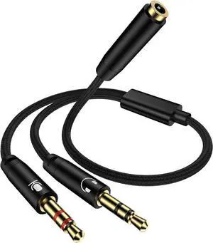 Headphone Mic Splitter for PC Braided 3.5mm Female to 2 Dual Male Audio Adapter 2-in-1 Y Separator Aux Dongle Converters Cable Cord Compatible with Headset Microphone Gaming Computer Speaker Laptop