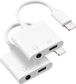 [ MFi Certified] 2 Pack Lightning to 3.5mm Headphone Jack Adapter 2 in 1 Headphone Adapter Aux Audio and Charger Adapter Dongle Cable Splitter Compatible with iPhone14/13/12/11/XS/XR