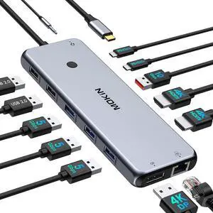 USB C Docking Station Laptop Hub Dual Monitor Multiport Adapter Dock Dongle USB C to 2 HDMI DisplayPort PD Charging Ethernet 7 USB A/C 3.1/3.0/2.0 Ports Audio