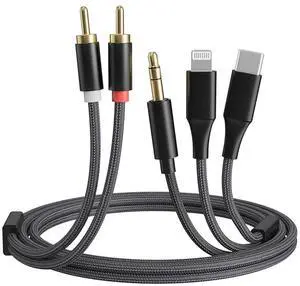 [3-in-1 RCA Audio Cable] Lightning/USB C/3.5mm to 2 RCA  Compatible with iPhone Android Home Theater Car Stereo Speaker Amplifier  6FT Lightning to RCA Audio Adapter Cord