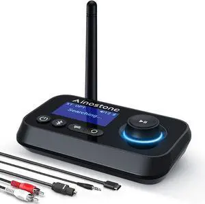 Bluetooth Transmitter Receiver 3-in-1 Bluetooth 5.3 Audio Adapter for 2 Headphones with Bypass Volume Control ON/Off Switch LCD Display 3.5mm Aux/Optical/RCA for Home Stereo TV Speaker PC