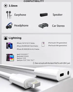 2 Pack Lightning to 3.5mm Headphone Jack Adapter [ MFi Certified] 2 in 1 Headphone Adapter Aux Audio and Charger Adapter Dongle Cable Splitter Compatible with iPhone 14 13 12 11 XS XR 8 7