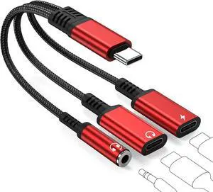 USB C to 3.5mm Headphone and Charger Adapter 3 in 1 Dual Type C Aux Splitter Charger Headphone Jack Dongle Cord Compatible for iPhone 15/16 Pro/Max/Plus iPad  Galaxy S22/S23/S24 UltraRed