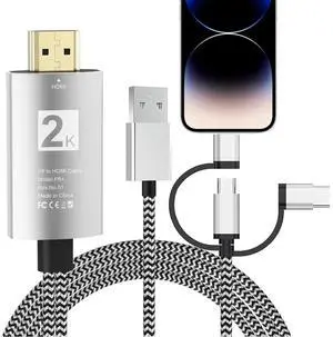 HDMI Adapter for TV Phone to TV 3 in 1 Sync Screen MHL 2K Connector Cable 1080P Digital AV Adapter Compatible for Lighting USB C Micro USB to HDTV Projector Monitor