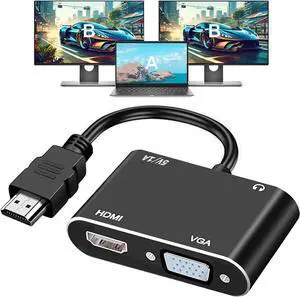 HDMI to VGA+HDMI Adapter for Dual Monitor HDMI to VGA & HDMI Splitter 2-in-1 1080P@60HZ Full HD Display Video Converter Compaitble with Windows/Mac Os/Linux Plug & Play
