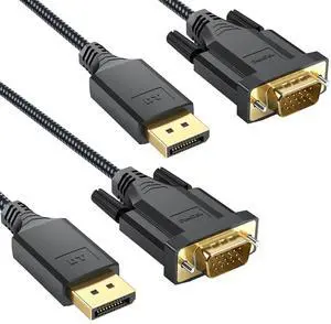 DisplayPort to VGA Cable 6ft 2 Pack Display Port DP to VGA Adapter Cable Converter Male to Male Braided Cord for Monitor Desktop Laptop Display Projector HDTV