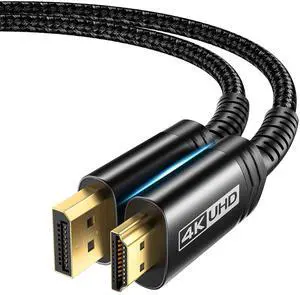 4K DisplayPort to HDMI Cable 10FT DP to HDMI Video UHD 2K@60Hz/4K@30 Nylon Braided DP to HDTV Uni-Directional Cord for  Monitor Projector Desktop AMD NVIDIA  HP-Black