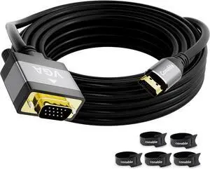 HDMI to VGA Cable 20 FT Uni-Directional HDMI (Source) to VGA (Display) Cable Black Male to Male Cord Gold-plated Connectors Aluminum Shells for PC Desktop Laptop Monitor Projector HDTV Xbox