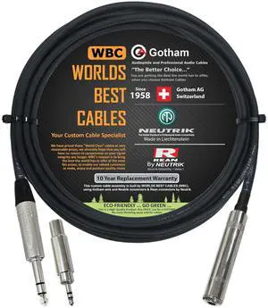 15 Foot - Gotham GAC-4/1 Star-Quad Stereo Headphone Extension Cable & Neutrik TRS Plug to Neutrik-Rean ? inch 3-Pole Jack + 3.5 mm Plug to ? inch Jack Adapter - Custom Made