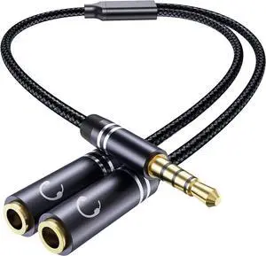 3.5mm Headphone Splitter 36cm/14 inch Hi-Fi Sounds Extension Cable Audio Stereo Y Splitters 3.5 mm Male to 2 Female (TRRS - 4 Pole) Nylon-Braided Aux Cable Compatible with PS4 Switch & More