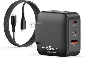 65W GaN USB C Charger Block Mini Charger with 3 Ports & 2m Cable Foldable Wall Charging Blocks Compatible with MacBook Pro/Air M2  XPS iPad Pro iPhone 16/15/14 Pro Galaxy S25/S24(Black)