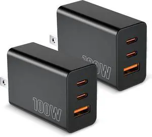 [2-Pack] USB C Wall Charger 3-Port 100W GaN Multiport Fast Charging Charger Block PD+QC Power Adapter Plug for iPhone 17 Air/16/15/14/13/Pro Max/XS/XR MacBook Pro/Air iPad  S25/S24 and More