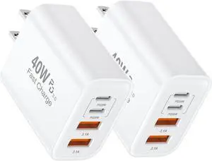 [2 Pack] iPhone 17 16 Charger Block 4-Port 40W USB C PD Power Adapter Fast Charging+ QC 3.0 USB A Multiport Charger Brick for iPhone 17/16/15/14/13/Pro Max/XS/XR iPad Airpods iwatch  Tablets