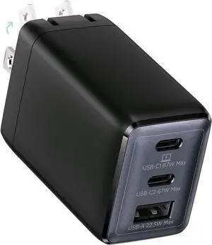 67W USB C Charger 3-Port GaN Fast Charging Block with Foldable Plug Compatible with MacBook Pro/Air iPad Pro iPhone 16/15/Pro Galaxy S25/S24 Note20 Pixel  Watch (Black)