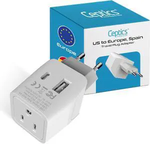 European Travel Plug Adapter - USB-A & C Type C Adapter for Turkey Egypt Iceland - USA Input - Ideal for Phones Chargers Cameras & More
