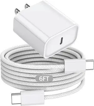 20W USB C Fast Wall Charger for Airpods Pro 3rd/2nd AirPods 4/Max 2 (2024) iPhone Air/iPhone 17 Pro Max/iPhone 17 Pro/17/i-Phone 16 Plus/16e/15 iPad Pro/Air/Mini 6FT USB C to C Charging Cord Cable