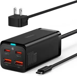 USB C Charger 100W PD GaN3 Fast Wall Charger Block 4-Ports [2USB-C + 2USB] Charging Station with 5ft Extension Cord for Steam Deck MacBook Pro iPhone 15/14/13  Galaxy etc