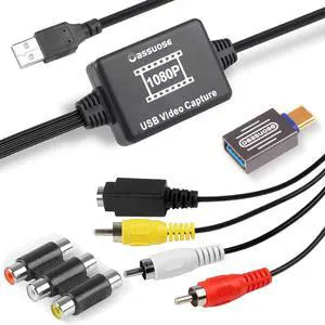 VHS to Digital Converter USB-A/USB-C Video 1080P Capture Card RCA/AV to USB2.0 Audio Video Transfer Grabber Convert Analog VHS VCR Hi8 Mini DV to Digital Converter for PC DVD Tape Camera