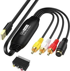 VHS to Digital Converter USB Video Capture Card RCA AV to USB Audio Video Transfer Grabber Convert Analog VHS VCR to Digital Adapter for PC DV Camera DSLR DVD Compatible Windows Mac OS