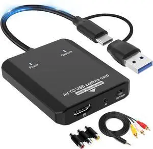 VHS to Digital - RCA to HDMI Converter USB Video Capture Card for Hi8/VCR/DVD/AV/PS2/Wii Analog to Digital Adapter for Saving Old Memories to Modern Laptop Computer Electronics