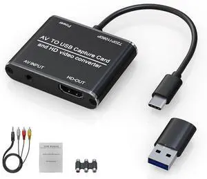 AV to HDMI Converter with USB Video Capture Function - RCA to HDMI Adapter VHS to Digital Converter for VCR VHS DVD Camcorder Hi8 Supports Recording Videos to Your PC or Mac via USB/USBC
