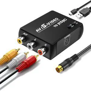 RCA S Video to HDMI Converter AV to HDMI Converter with RCA+S-Video +USB Cable for TV/PC/N64/MD1/PS1/PS2/PS3/STB/Xbox/VHS/VCR/Blu-ray DVD Player.