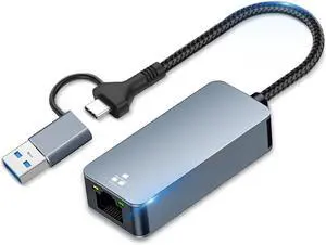 2-in-1 USB C to Ethernet Adapter 2.5Gbps Type-C to RJ45 Ethernet Adapter with USB-A 3.0 Port 2500Mbps Gigabit Wired Internet for MacBook Pro/Air iPad Pro iPhone 15/16 Pro Max Windows/MacOS