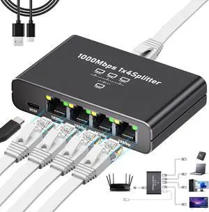 Gigabit Ethernet Splitter 1 to 4 - 1000Mbps RJ45 Port Router Switch with USB-C Power Plug & Play 1-in-4-Out LAN Adapter for Cat5/5e/6/7/8 Cables High Speed Network Switch for Desktop Printer Camera