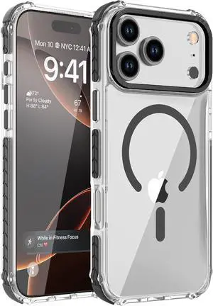 Strong Magnetic Case for iPhone 17 Pro Max 6.9-Inch [Compatible with Magsafe] Clear Slim Shockproof Protective Phone Cover for Women Men-Transparent+Black